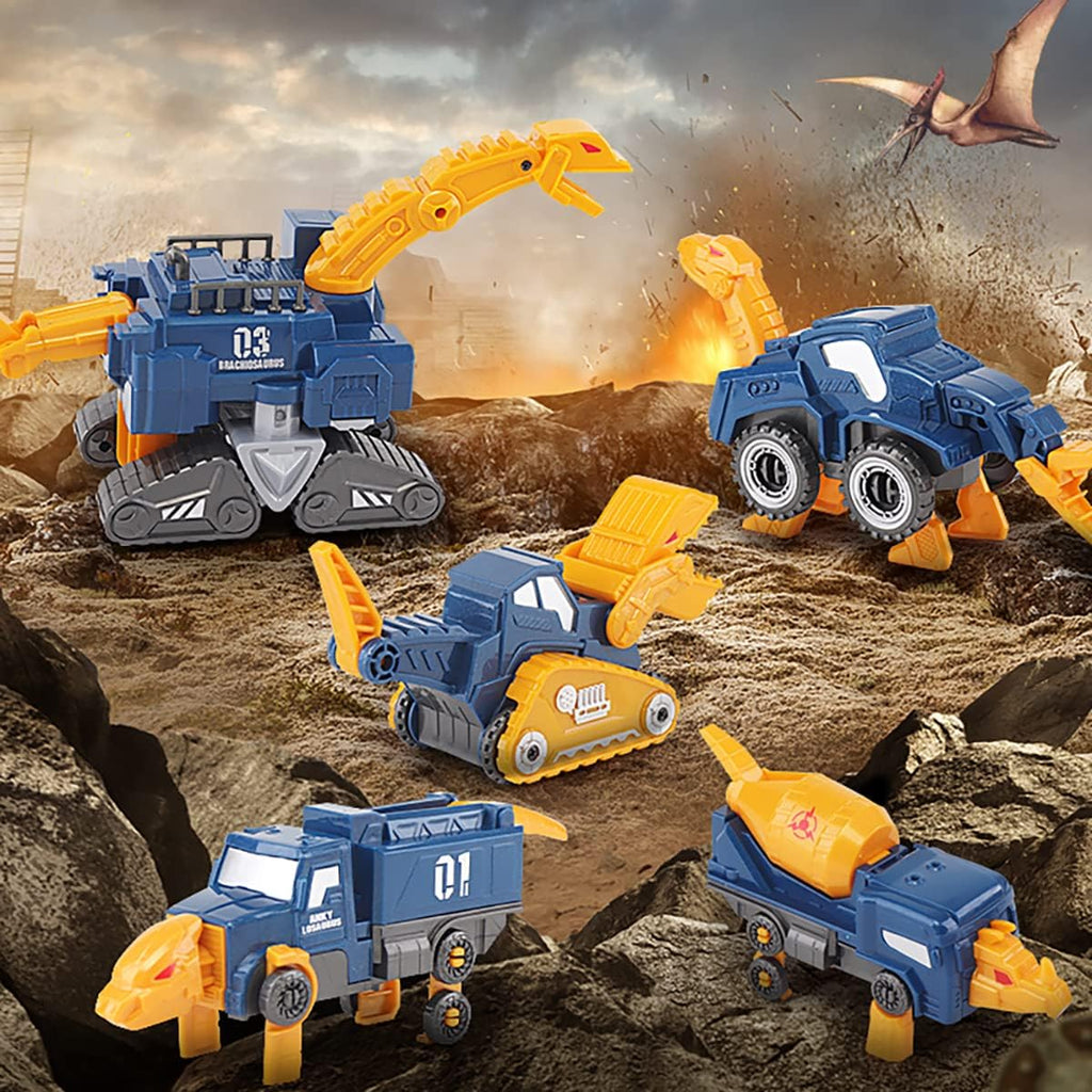 Skiennix Toddler Construction Car Transform Set - 5-Piece Dinosaur Rescue Robot with Magnetic Connectors | DIY STEM Building Trucks for Kids Ages 3-7