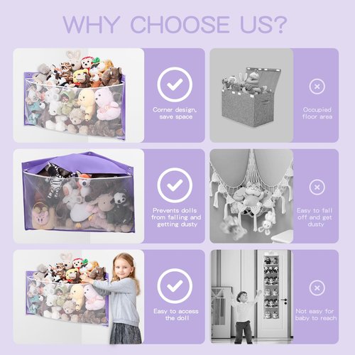 ANROYE Large Corner Stuffed Animal Storage, Kids Plushies Toy Purple Wall Hammock for Girls Room, Baby Squishmallow Holder for Nursery, Organizer Idea for Bear Hanging Display Boy Gift