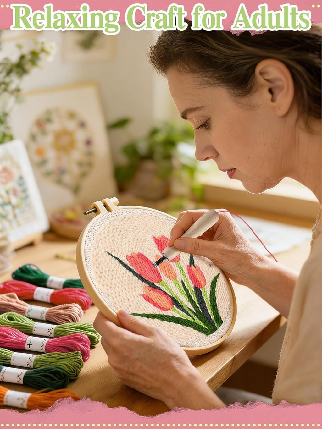 Tulip Punch Needle Kit for Beginners - Step-by-Step Guide, Fabric, Hoop, Needle & Yarns Included