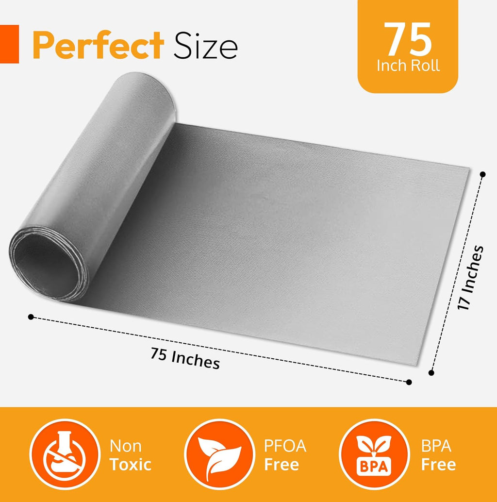 Silver Teflon Liner Roll - Versatile Non-Stick Oven, Stovetop & Grill Mat (75” x 17”) - Custom Fit