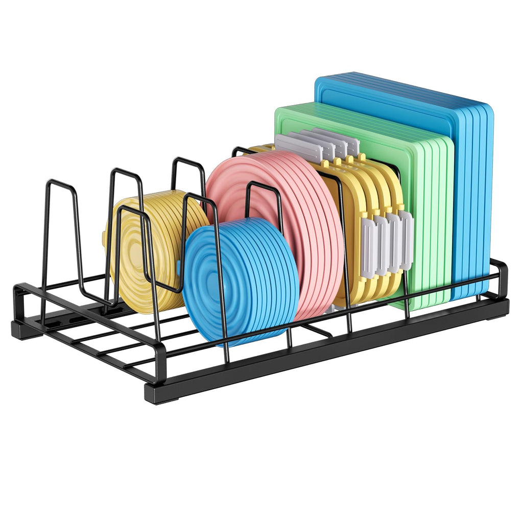 Food Container Lid Organizer for Cabinet, 6 Adjustable Dividers Metal Pot Lid Organizer, Pots and Pans Organizer Under Cabinet Storage Plastic Lids Pots Cookie Sheets for Cabinets, Cupboards, Drawers