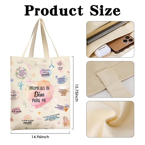 VeloKomo Bible Christian Tote Bag - Believer Gifts Canvas Women Bags Spanish Promesas De Dios Para Mí Regalos Cristianos Versículos Bíblicos En Español Inspirational Verse Totes Handbags Girls Gift