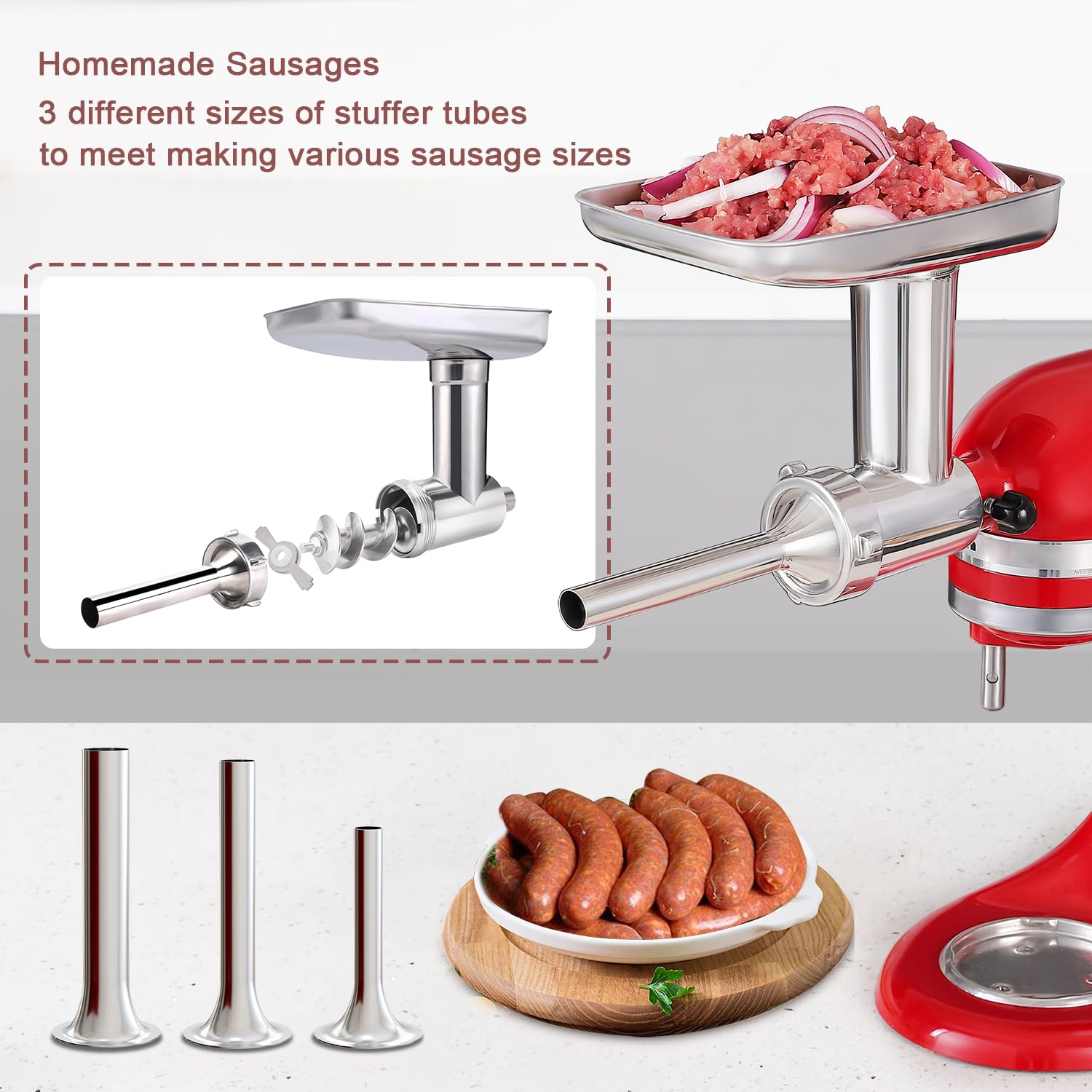 Stainless Steel Meat Grinder Attachments for KitchenAid Mixers, Metal Food Grinder, Sausage Stuffer, Dishwasher Safe Accessory Suitable for Kitchen Aid by Rafbar, 82207R
