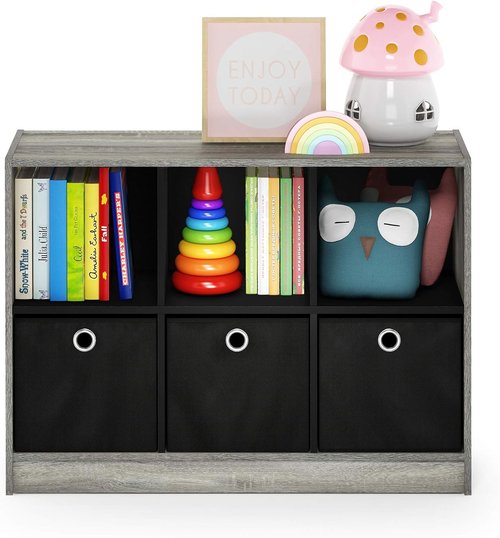 Furinno Basic 3x2 Cube Storage Bookcase - Stylish Organizer with Bins | French Oak Grey/Black