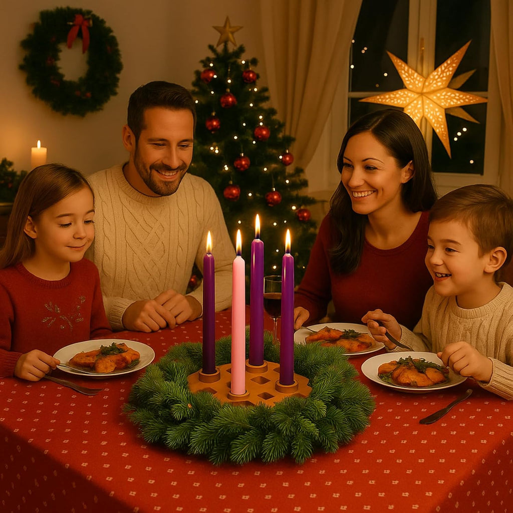 Mumufy Advent Candle Holder Set - 5 Pcs Snowflake Wooden Holders with Purple & Pink Taper Candles