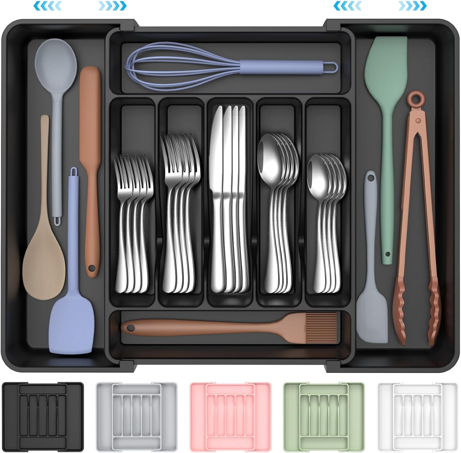 Ukeetap Extra Large Expandable Silverware Organizer - BPA-Free Cutlery Holder for Kitchen Drawers | Black