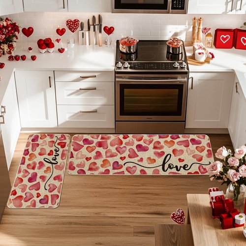 Artoid Mode Love Heart Valentines Kitchen Mats Set of 2, Home Decor Low-Profile Kitchen Rugs for Floor - 17x29 and 17x47 Inch