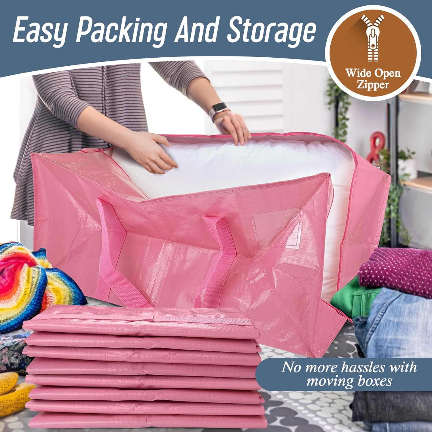Skiennix Extra Heavy Duty Large Moving Bags - Strong Zipper & Comfortable Handles | 12 Pack, Pink