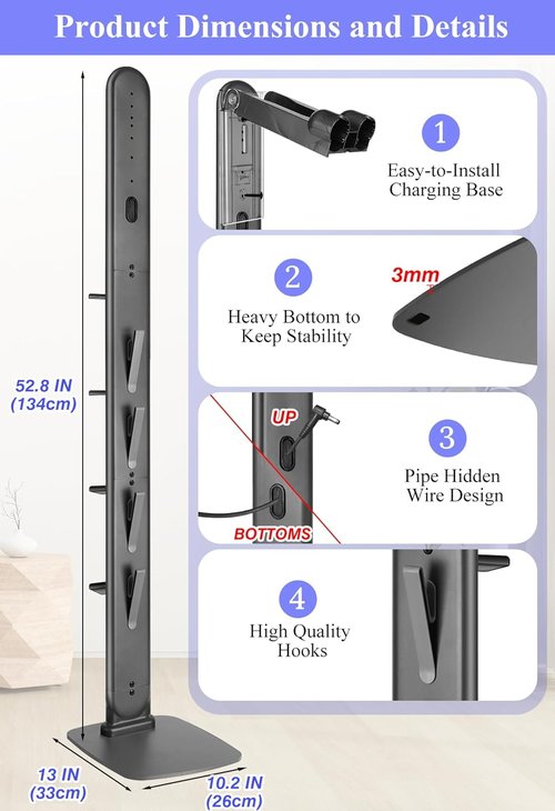 Haturi Premium Vacuum Stand - Space-Saving Metal Holder for Dyson V15, V12, V11, V10, V8, V7, V6 | 4 Hooks & 4 Shelves
