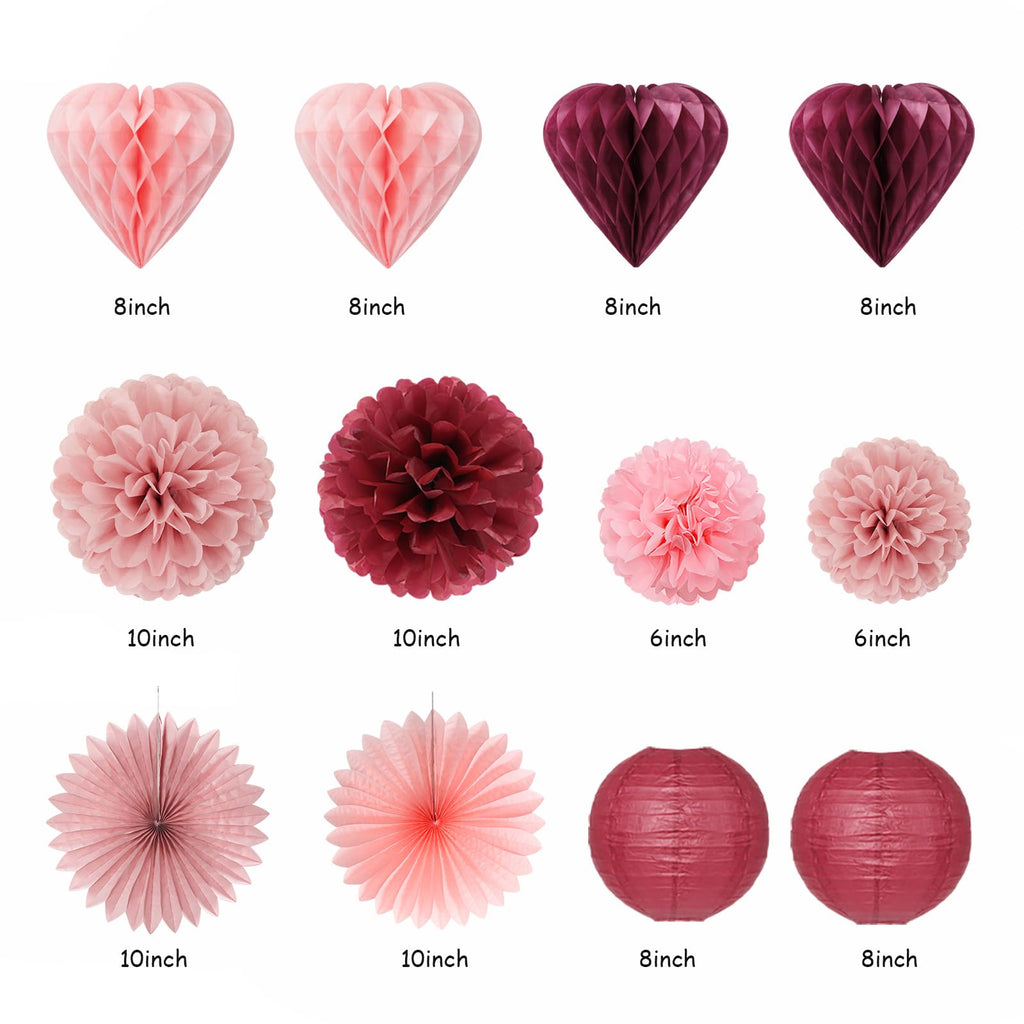 Pink Burgundy-Red Valentines-Day Galentines Party-Decorations - 22pcs Be Mine Love Banner,Wine Red Paper Lanterns Honeycomb Balls,Tissue Pom Poms Flowers Fans,Happy Anniversary Decor Hugmoon