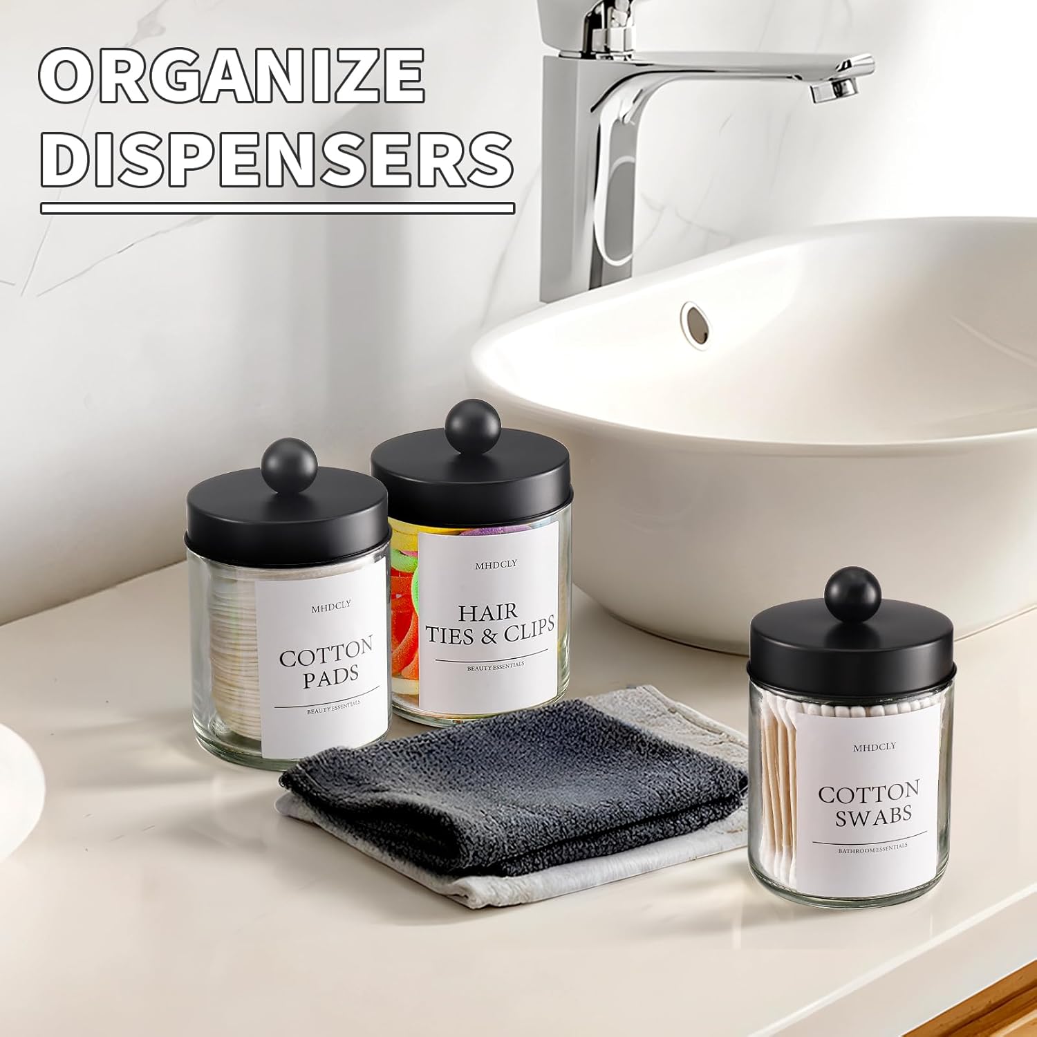 Skiennix Bathroom Organizers - 4 Pack Storage Accessories with Black Lids for Aesthetic Decor