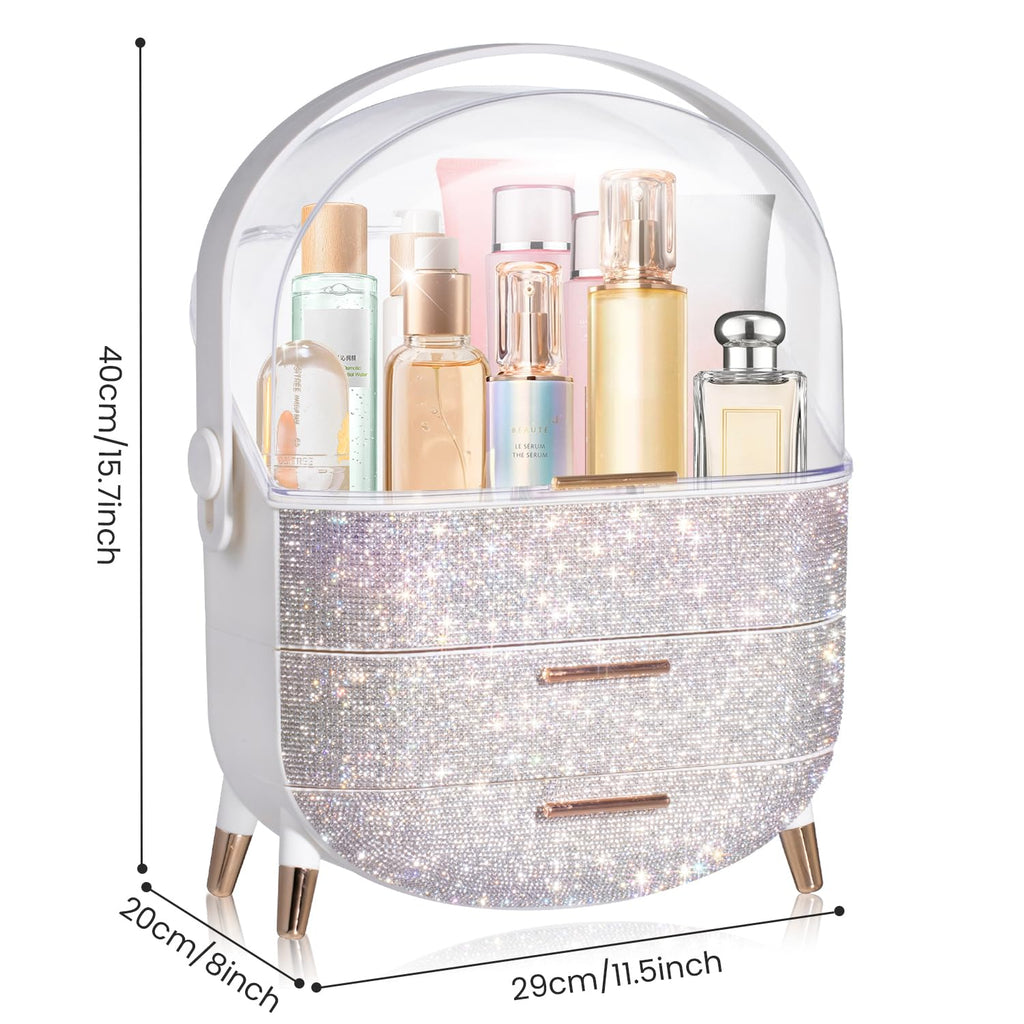 MASSY Egg Shape(Oval) Makeup Storage Box, Countertop Portable Vanity Cosmetics Organizer Preppy Style (Rhinestone White)