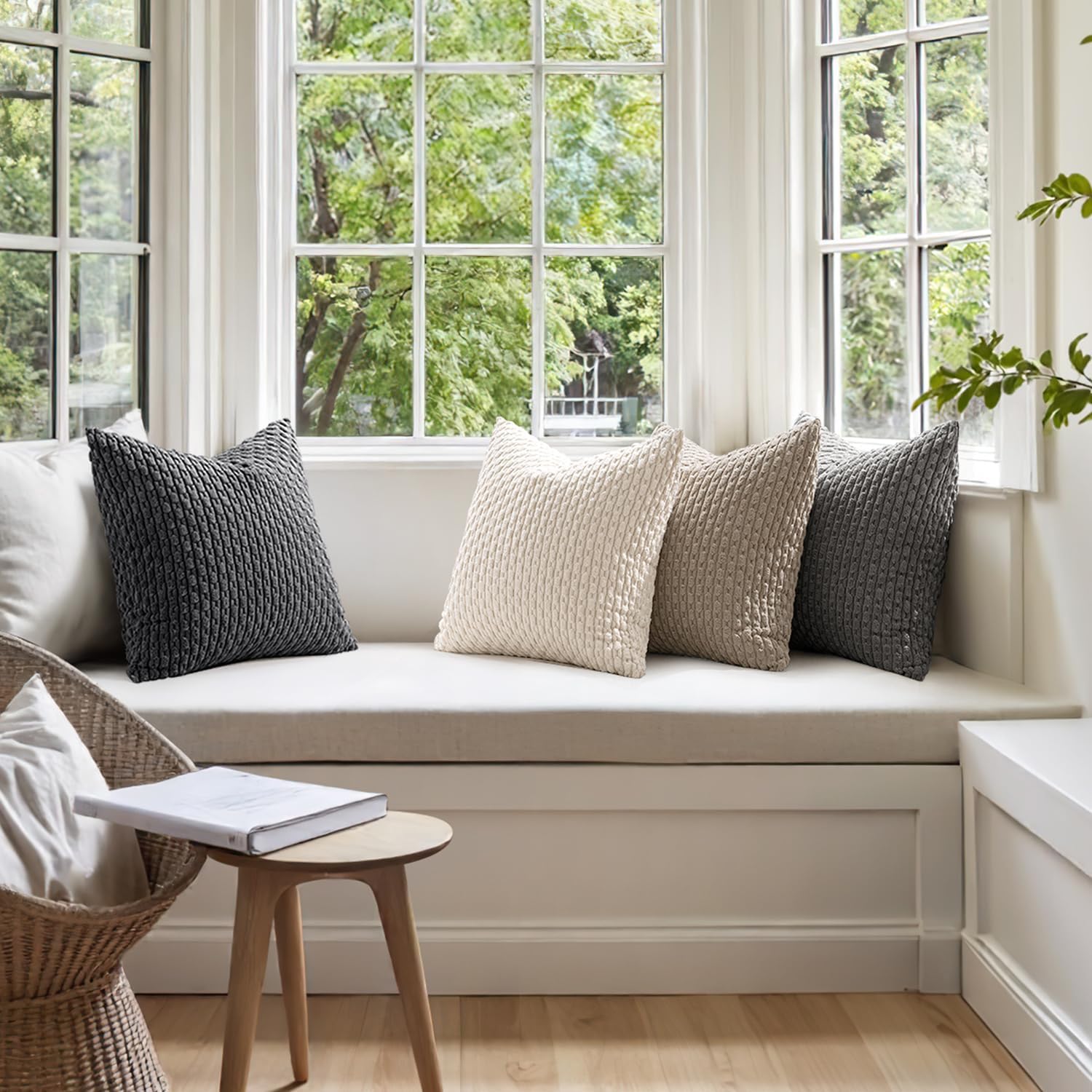 MIULEE Decorative Throw Pillow Covers - Neutral Grey Striped Design | Set of 4, 18x18 Inch Soft Corduroy for Modern Home Decor