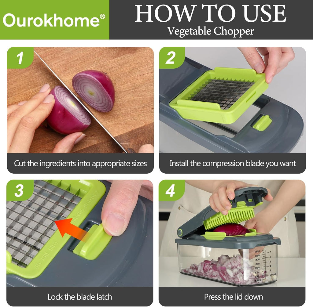 Ourokhome Food Chopper - Manual Handheld Vegetable Slicer with 8 Blades | Essential Kitchen Gadget (Gray)