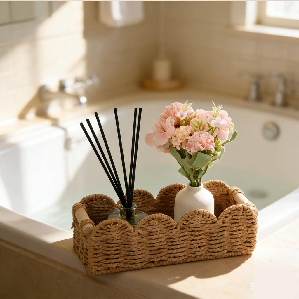 Regine Switzerland Paper Rope Storage Baskets - Set of 2 with Wooden Handles for Stylish Bathroom Decor (Beige)
