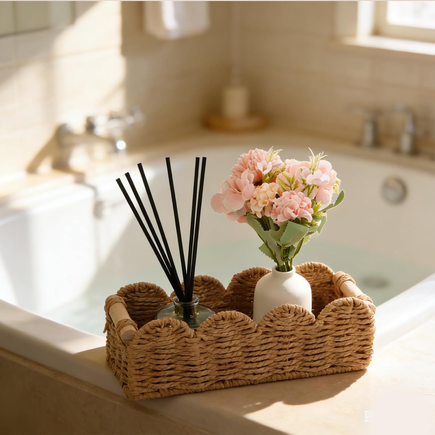 Regine Switzerland Paper Rope Storage Baskets - Set of 2 with Wooden Handles for Stylish Bathroom Decor (Beige)