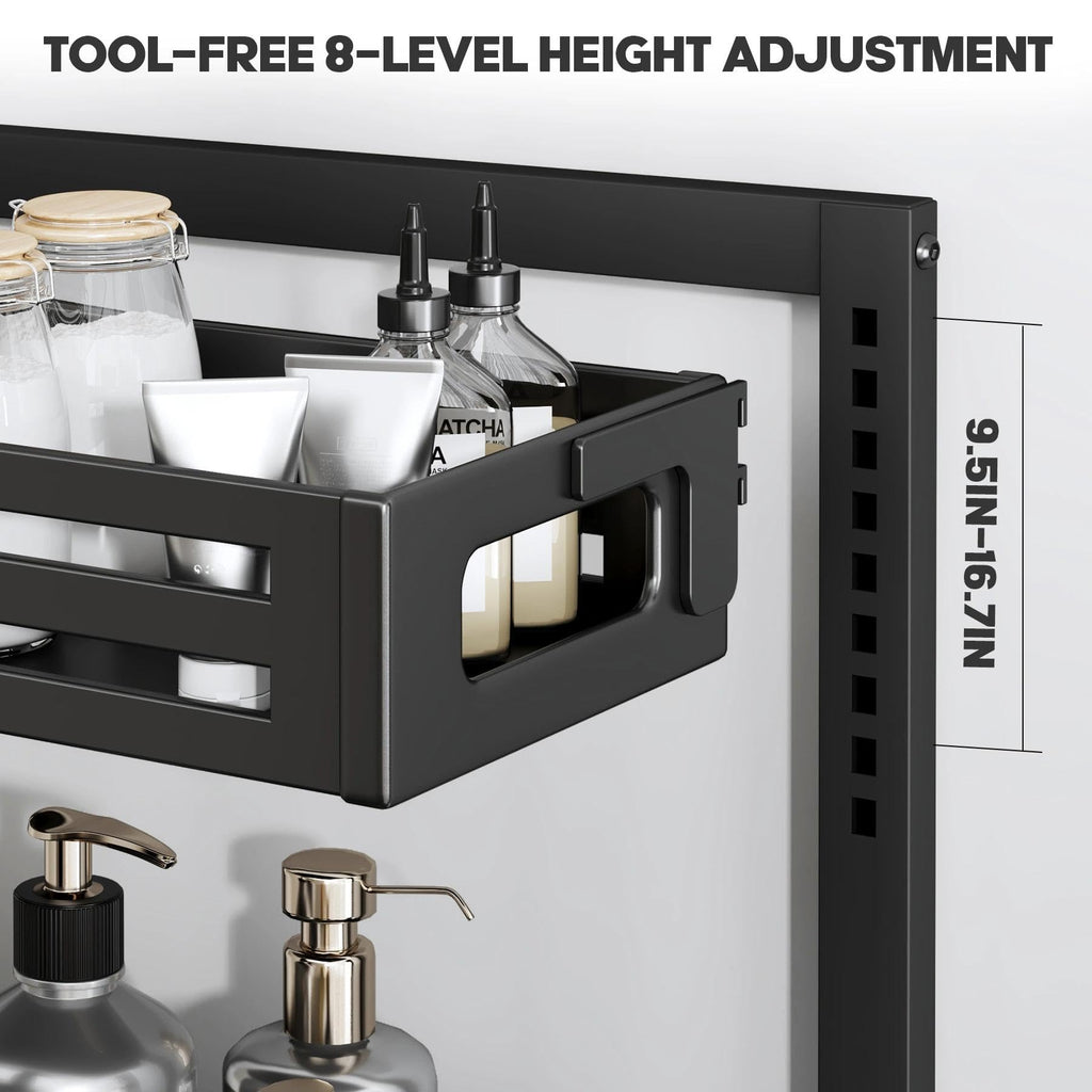 Biboraya 2 Pack Under Sink Organizer,Pull Out Cabinet Organizer with Smooth Cylindrical Rail,Metal Slide Out Drawer for Kitchen Bathroom Laundry Cabinet,8-Level Tool Free Height Adjustable-Black
