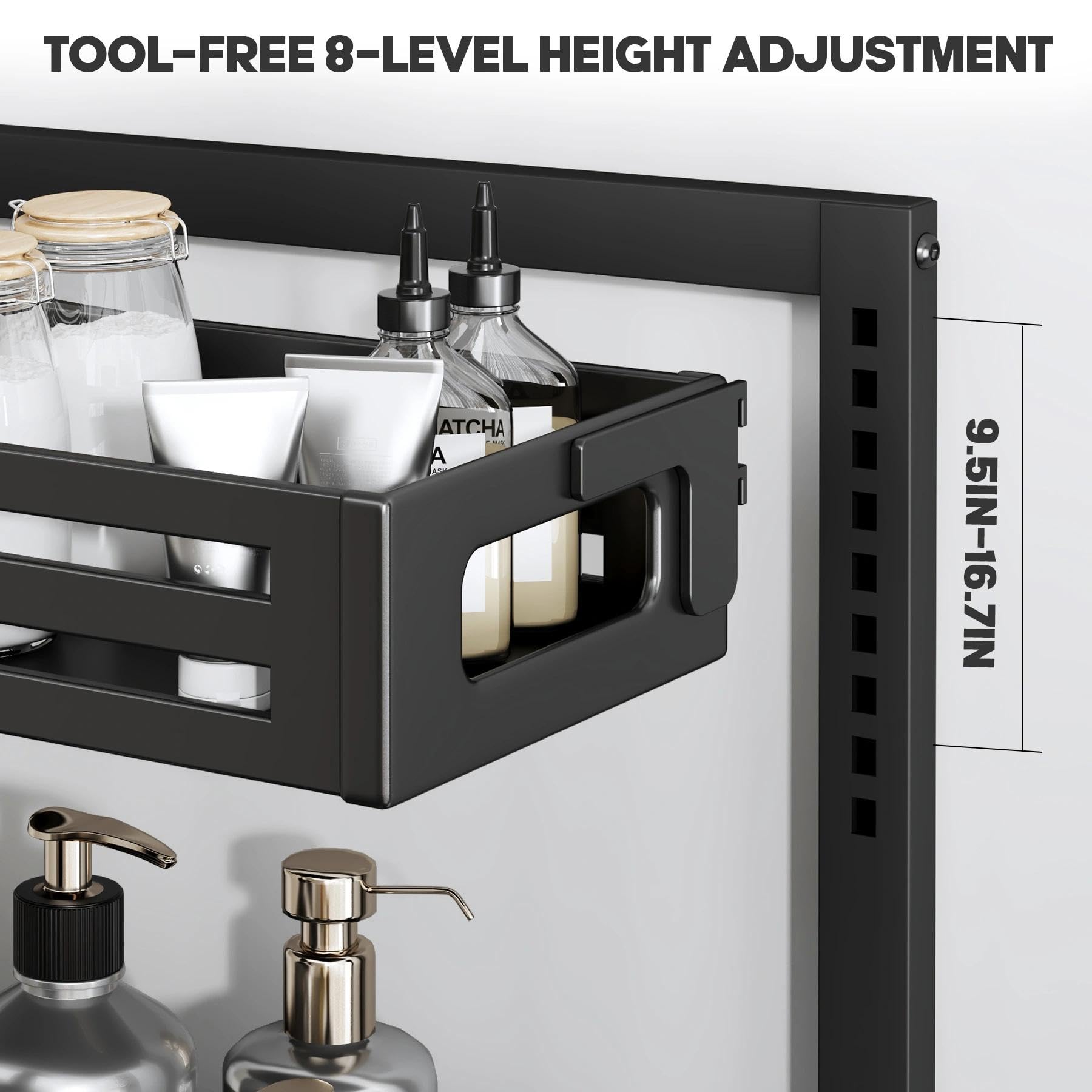 Biboraya 2 Pack Under Sink Organizer,Pull Out Cabinet Organizer with Smooth Cylindrical Rail,Metal Slide Out Drawer for Kitchen Bathroom Laundry Cabinet,8-Level Tool Free Height Adjustable-Black