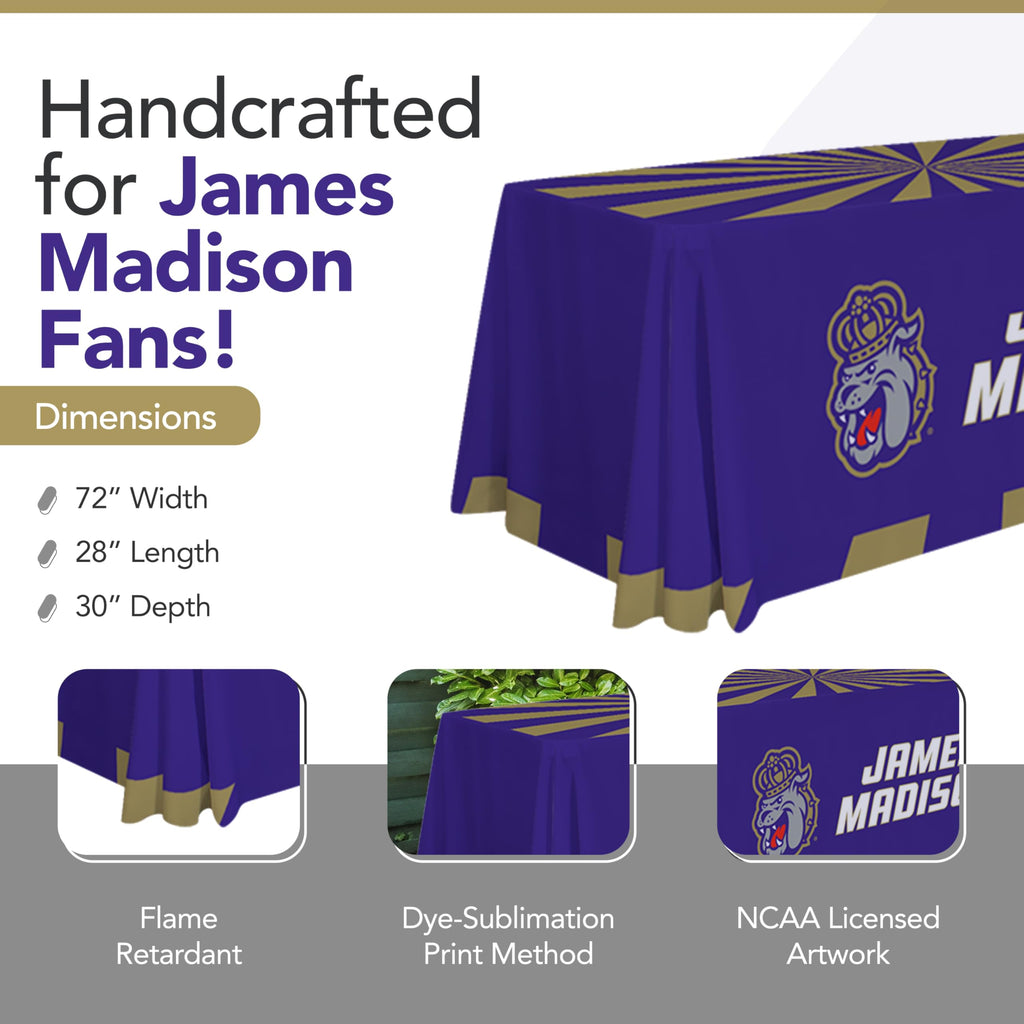 Victory Corps James Madison Dukes College Sports Printed Table Throw - NCAA Licensed - Polyester - School Tablecloth (Black, Purple, Gold) (6' Draped)