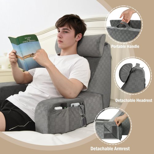 Vekkia 21" Reading Pillow with Arms and Headrest – Tall Back Support Cushion for Adults, Multi-Density Foam, Removable Cover & XL Side Pockets – for Reading, TV & Gaming in Bed & Floor 21"(Grey)