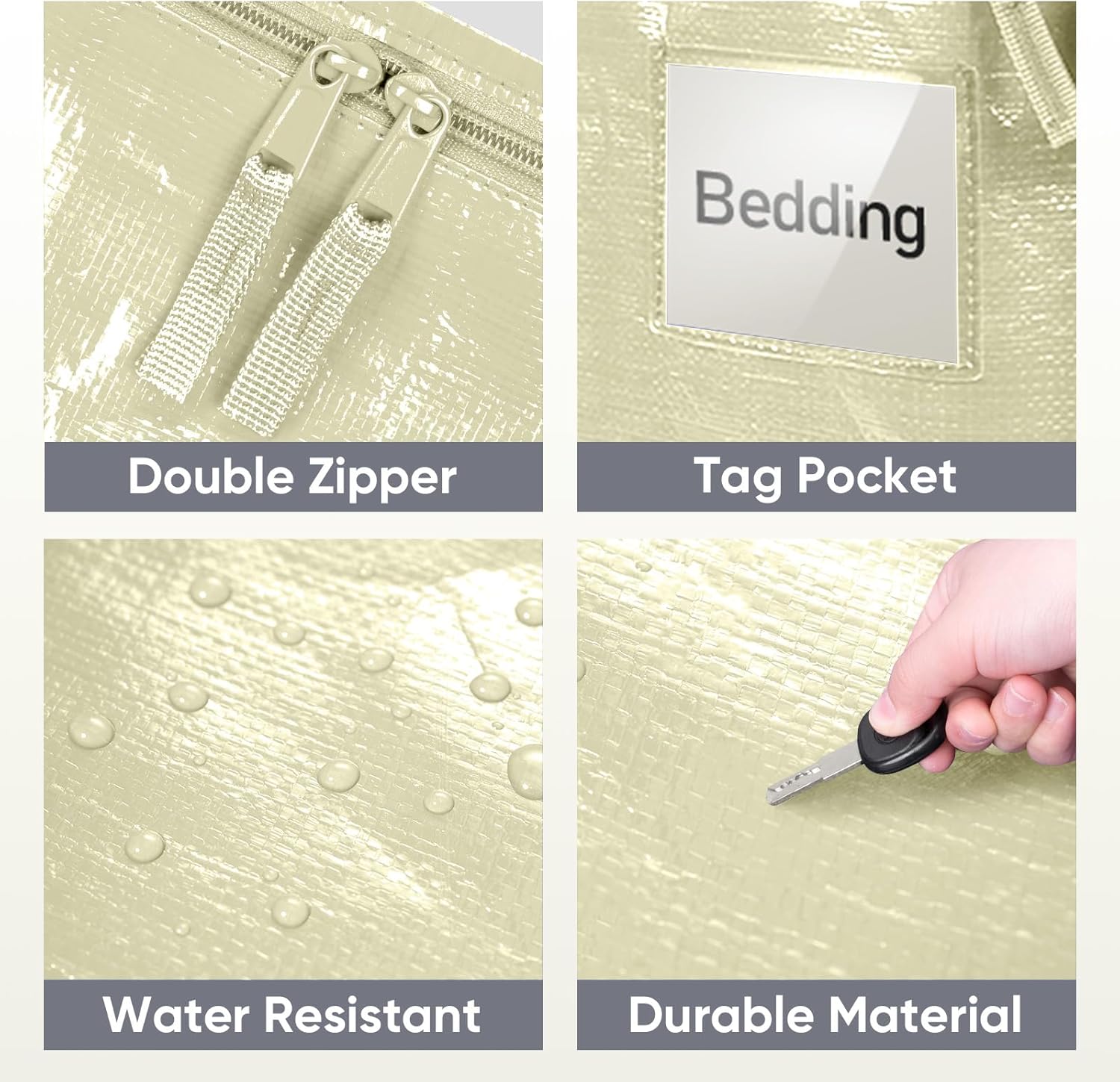 TICONN Extra Large Heavy-Duty Moving Bags - Durable Storage with Zippers & Handles | 2 Pack, Cream