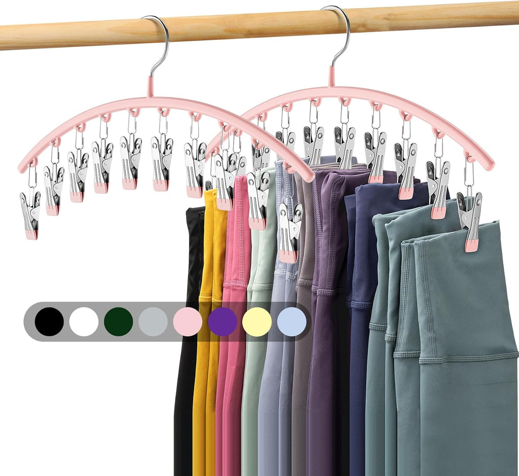 Skiennix Legging Organizer - Space-Saving Metal Yoga Pants Hangers | 2 Pack with 10 Clips, Pink