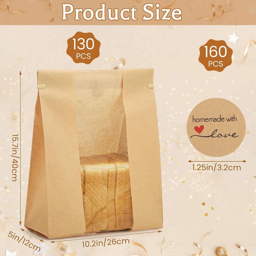 130 Pcs Paper Bread Bags with Window, 16x10.2x5in Sourdough Bread Bags for Homemade Bread, Large Bakery Bag with 160 Stickers for Easter Baked Storage