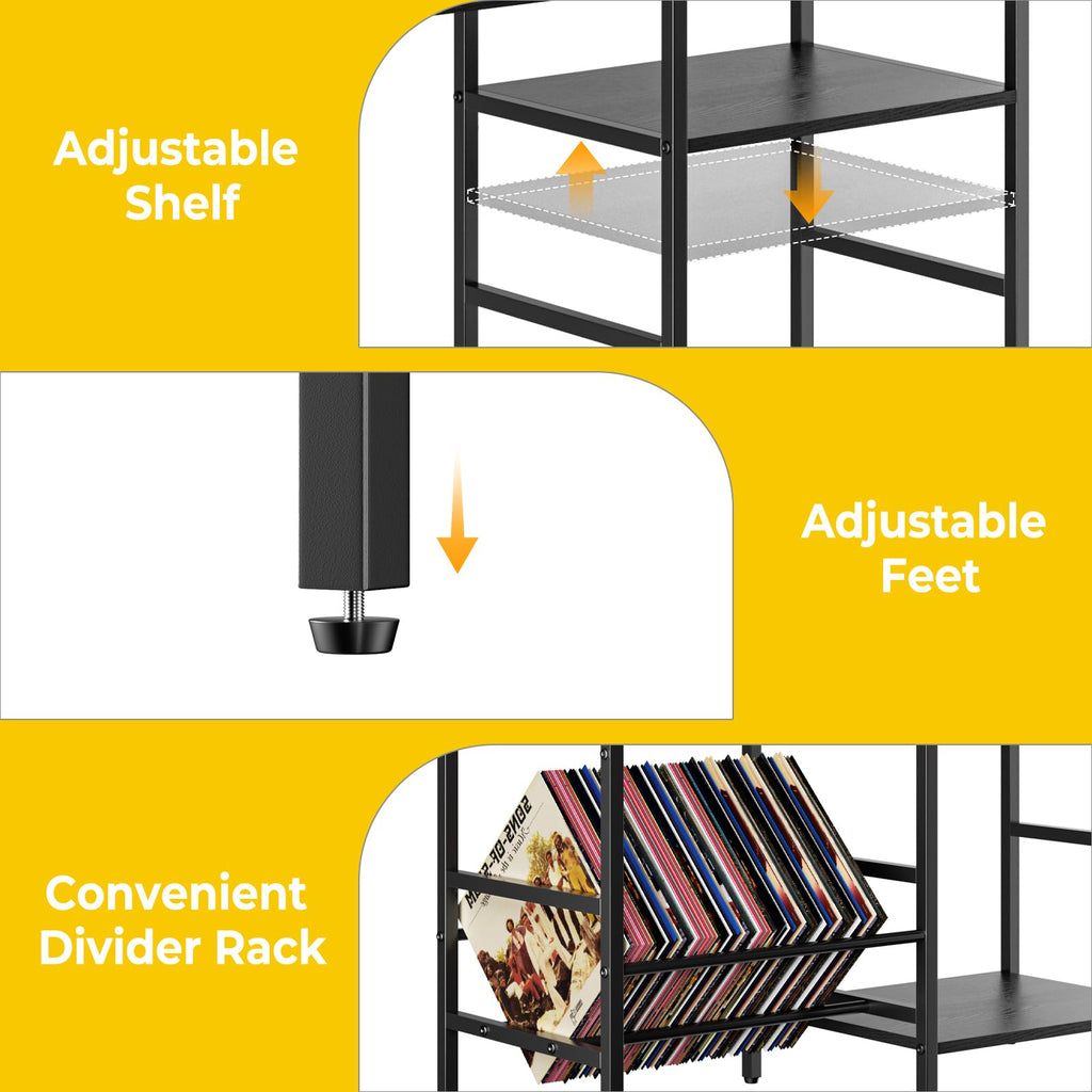 Nidouillet Record Player Stand with LED Light, Turntable Stand with Vinyl Storage for 300+ Albums, 3-Tier Media Cabinet with V-Shaped Holder & Adjustable Shelf, for Living Room & Bedroom
