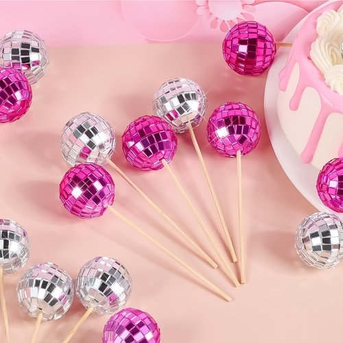 JOERSH 24pcs Disco Ball Cupcake Toppers - 1970s Disco Ball Picks Disco Theme Cake Decorations for Disco Theme Party 70s Disco Party Favor (Pink, Silver)