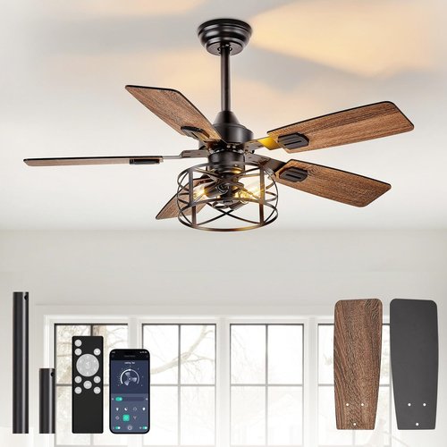 DINGLILIGHTING Bedroom Ceiling Fan with Light: 42 Inch Ceiling Fans Dual-Sided 5 Blade 6 Speed Reversible - Modern Farmhouse Fan with Remote and App for Bedroom Living Room Outdoor Porch, Black Walnut