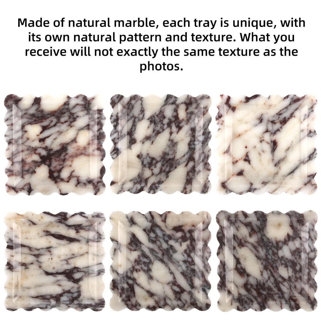 Square Marble Decorative Tray with Scalloped Edge,Luxury Natural Calcutta Stone Bathroom Vanity Tray, Dresser Top Perfume Coffee Home Sink Tray, Key Trinket Ring (Turkey Calacatta Viola, 8 * 8)