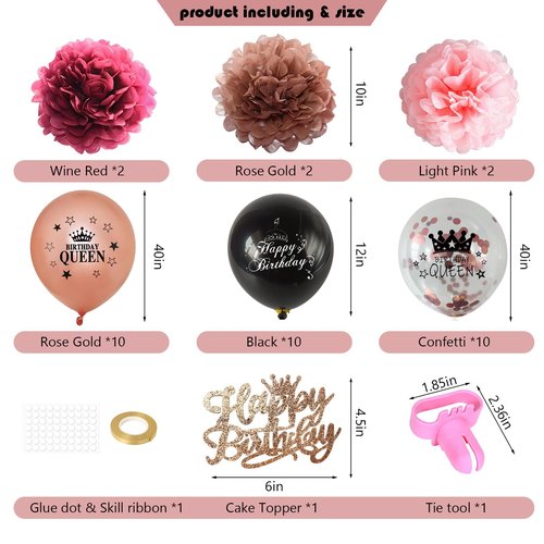 JKIYT Happy Birthday Decorations for Women Girls, Black Rose Gold Birthday Party Decor Include Sash and Crown, Balloons, Banner, Backdrop, Cake Topper & 6pcs Paper Pom Poms (Black rose gold)