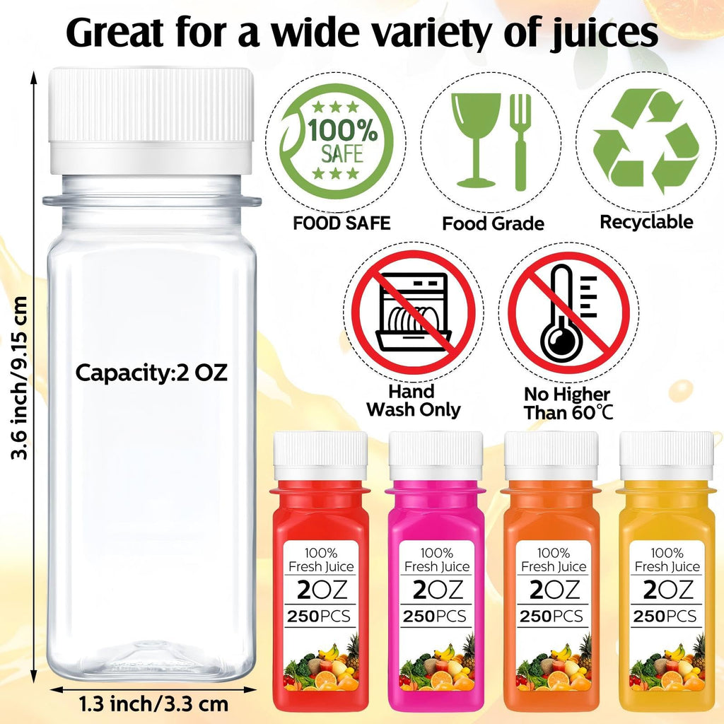 Sliner 250 Pcs 2oz Small Plastic Juice Bottles Ginger Juice Bottle with Lids Liquid Vial Reusable Clear Beverage Container with Lid, Freezer Safe, Leak Proof for Milk, Water
