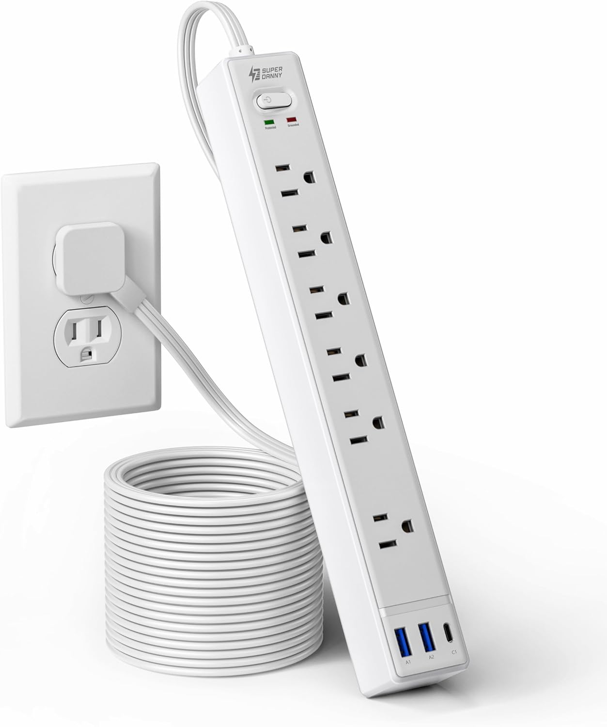 SUPERDANNY 10Ft Extension Cord - Flat Plug Surge Protector with 6 Outlets & 3 USB Ports for Home Office & Dorm Room Essentials