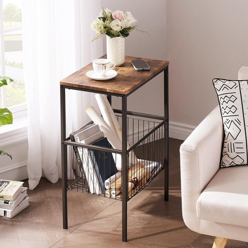 VECELO Tall Night Stand with Metal Basket,End Table with Shelf Storage Organizer, Wood Nightstand for Bedroom, Living Room,Bathroom