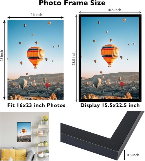 JCJMY 16x23 Black Picture Frame - Versatile Wall Gallery Frame for Horizontal & Vertical Photos