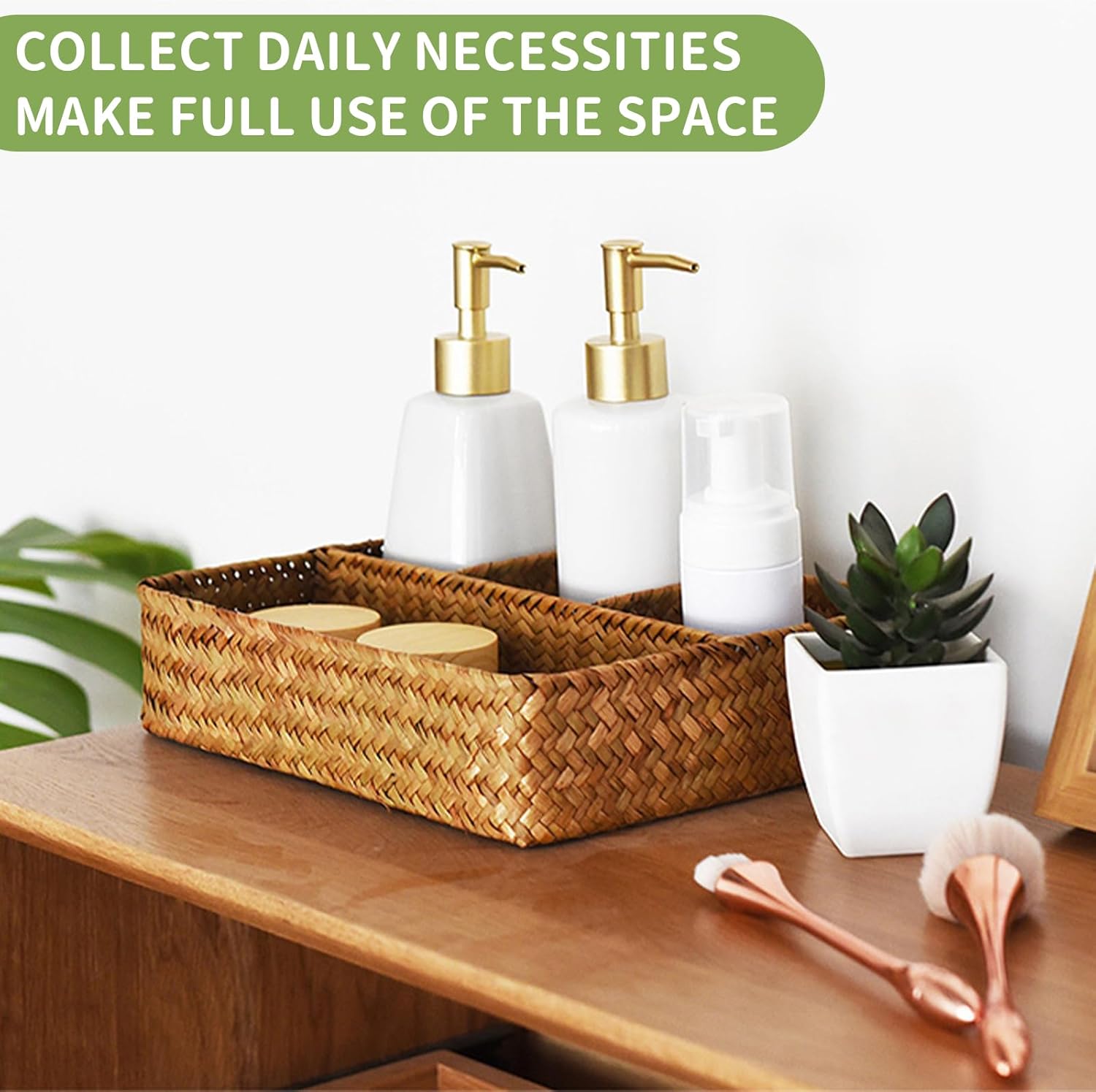 Skiennix Wicker Baskets - 4-Section Tea Bag & Sugar Packet Holder | Seagrass Compartment Organizer