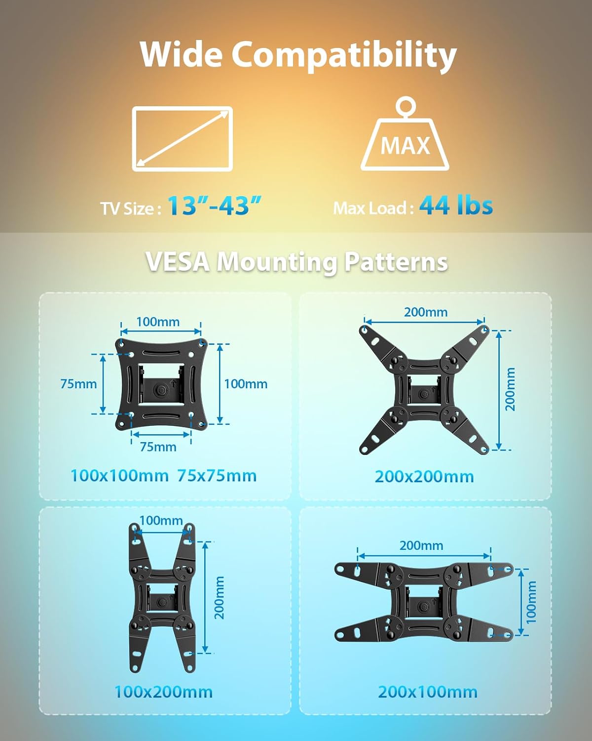 Pipishell Full Motion TV Wall Mount - Backlit Design with Music Sync for 13"-43" TVs, Max VESA 200x200mm