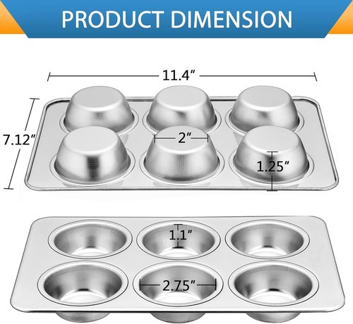 E-far Muffin Pan Set of 2 - Stainless Steel 6-Cup Baking Tray | Non-Toxic & Dishwasher Safe, Regular Size 11.44 x 7.12 x 1.25 Inch