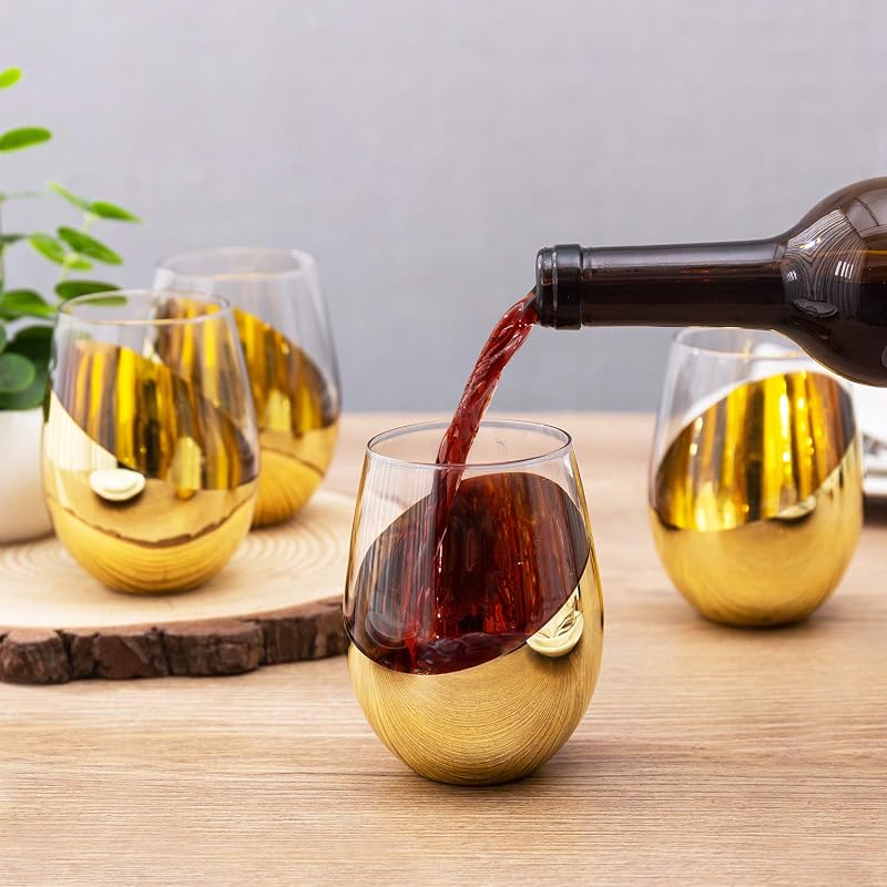 MyGift Brass-Plated Stemless Wine Glass Set of 6 - 18 oz, White or Red, Angled Bottom (Variation: Brass-6)