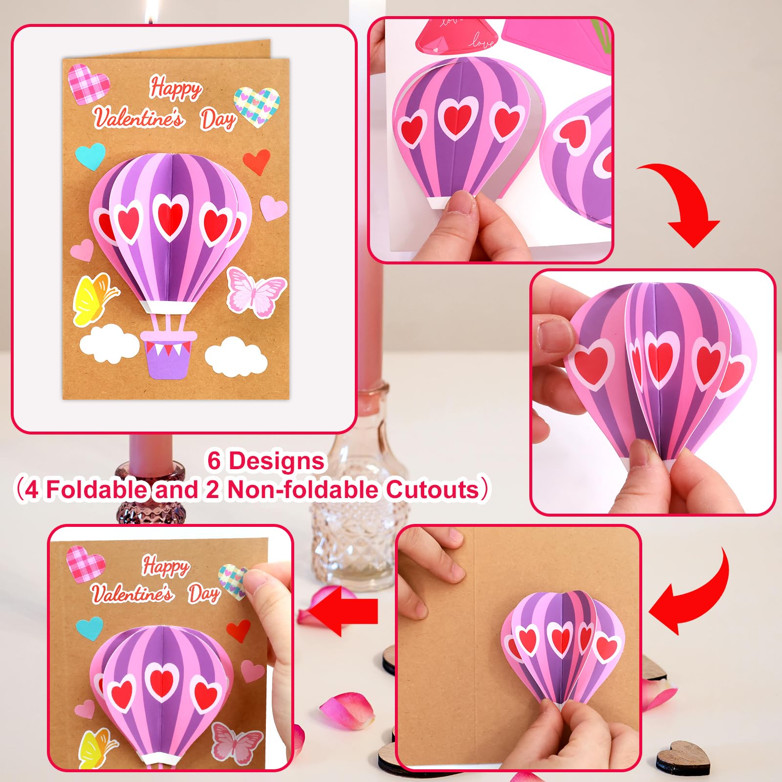 ceiba tree Valentine's Day Crafts for Kids Cards Making Kits DIY 3D Hot Air Balloon Bouquet Greeting Card with Cutouts Sticker and Envelopes Bulk for Classroom Activities Party Favors