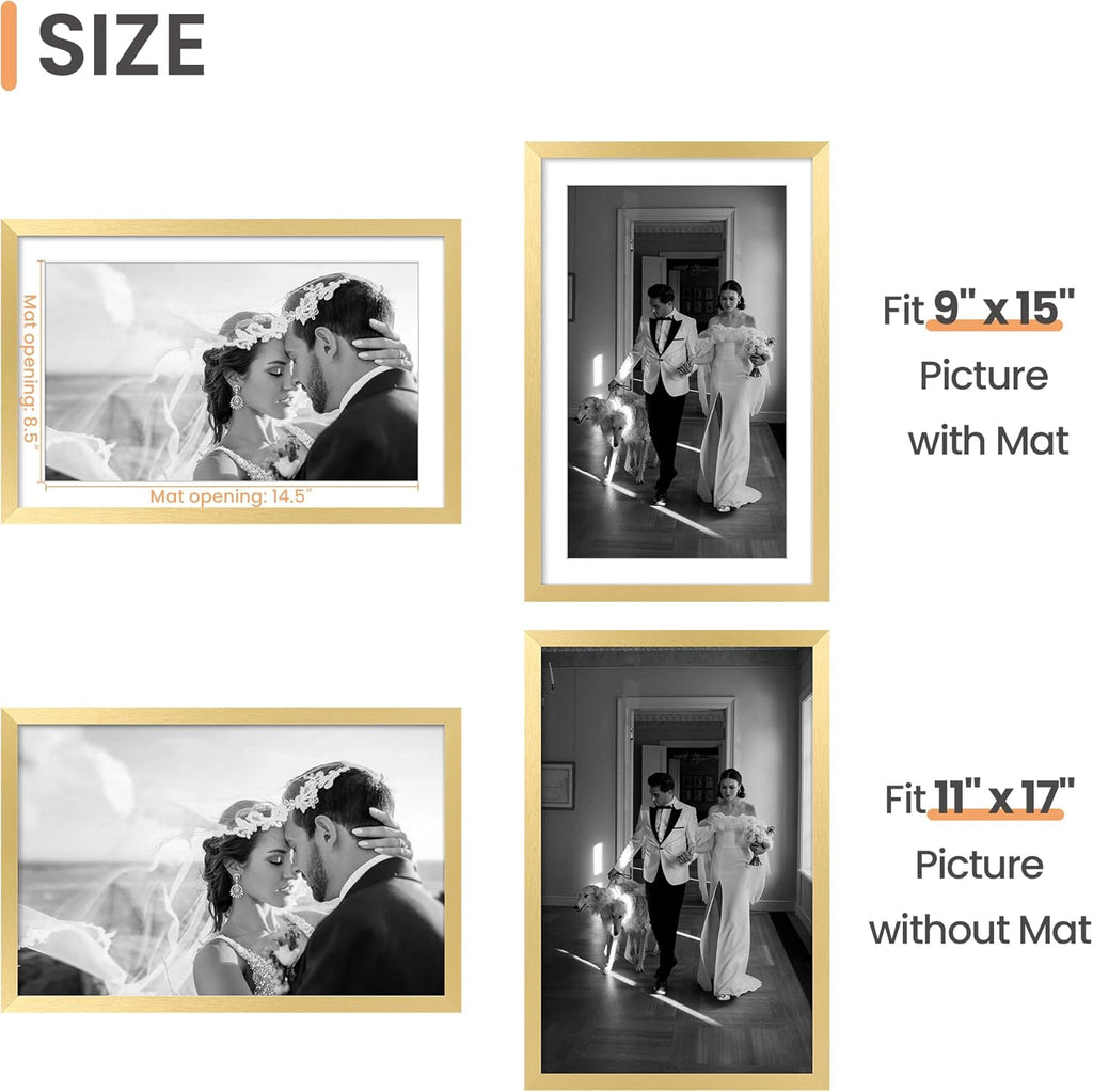 Upsimples 11x17 Picture Frame - Elegant Gold Wall Hanging Frame for 9x15 or 11x17 Photos | 1 Pack