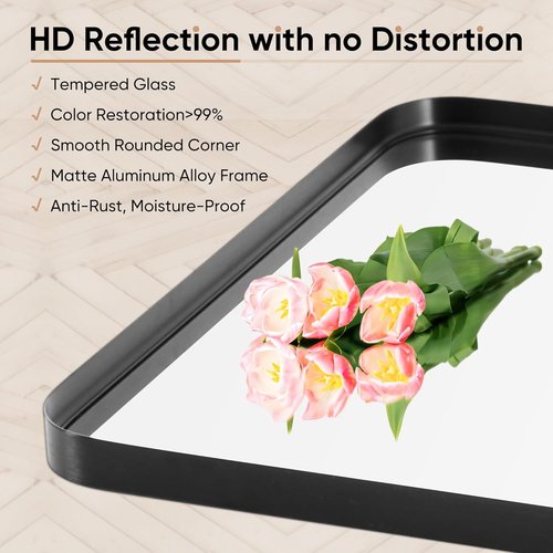 DUMOS Black Metal Framed Vanity Mirror - 36x24 Inch Rounded Rectangle Design for Modern Bathrooms | Versatile Hanging Options