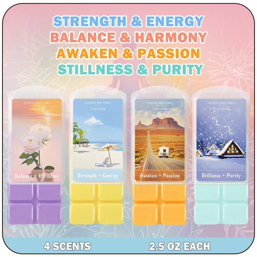 SCENTORINI Wax Melts, Wax Cubes Strong Scent for Healing Relax, Scented Wax Melts for Warmer - Lemon Green Tea/Strawberry Blackcurrant/Raspberry Orange/Ocean Grass Bellflower, 2.5 oz 4-Pack