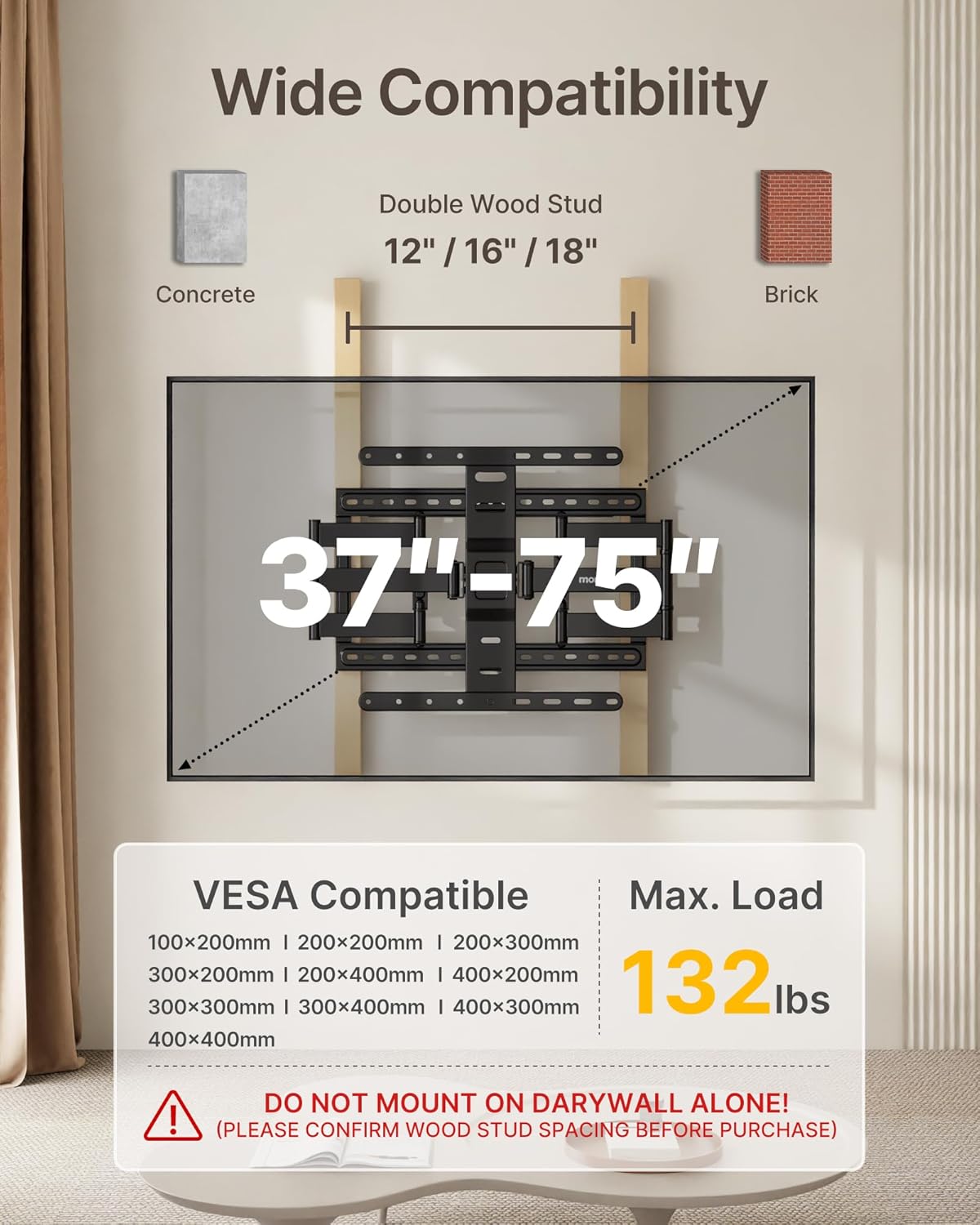monTEK Ultra Slim TV Wall Mount - Full Motion Bracket for 37-75 Inch TVs, 132lbs Capacity | Max VESA 400x400mm