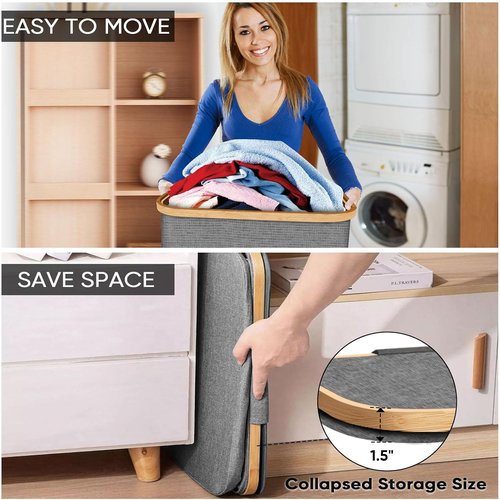 BALEINE Laundry Hamper - Tall Grey Laundry Basket with Lid & Bamboo Pull Handles | 26 Gal/100L Capacity