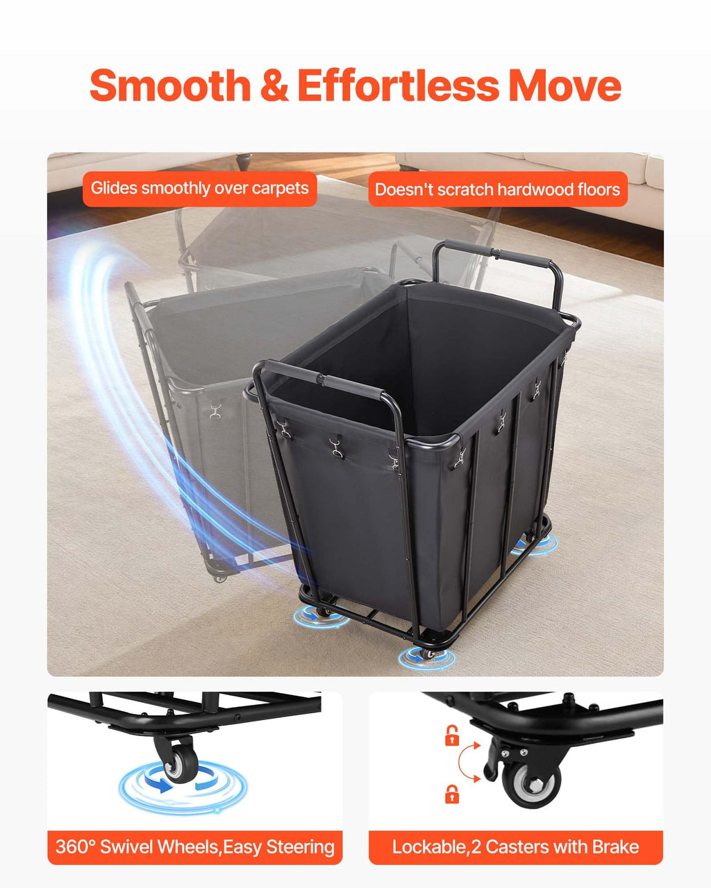 VEVOR Laundry Cart, Rolling Grocery Utility Cart with Waterproof Liner & Swivel Wheels, 260 LBS Large Load Capacity, Heavy Duty Shopping Basket for Laundry, Shopping, Camping, Grocery, Luggage, Black