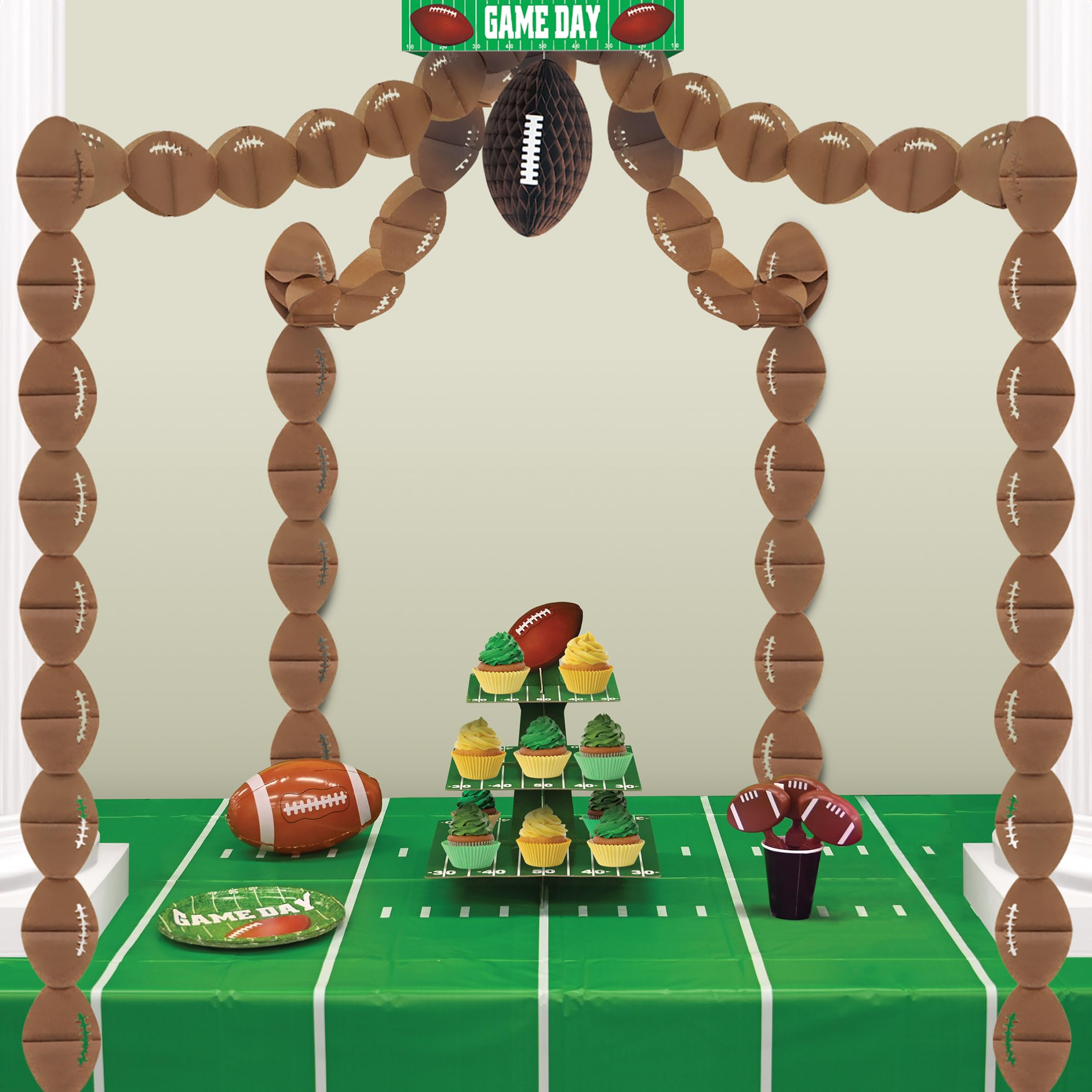 Beistle Paper Football Canopy for Game Day Parties – Sports Decorations, 20' x 20', Brown/Green/White