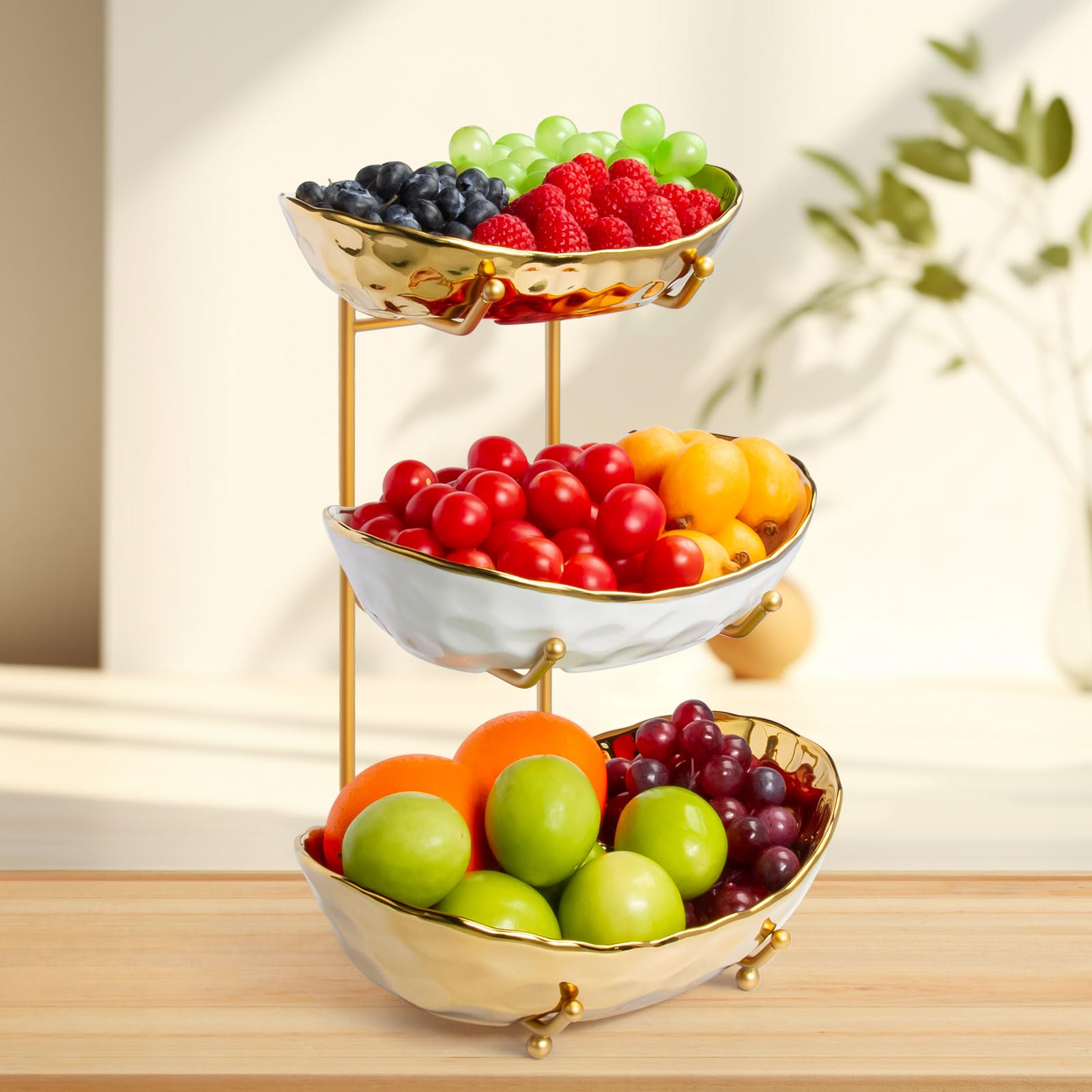 LIJINGCHEN 3 Tier Fruit Basket for Kitchen Counter, Modern Ceramic Fruit Bowl with Gold Metal Stand, Tiered Fruit Tray for Countertop, Snacks, Nuts, Cakes, Desserts, Candy