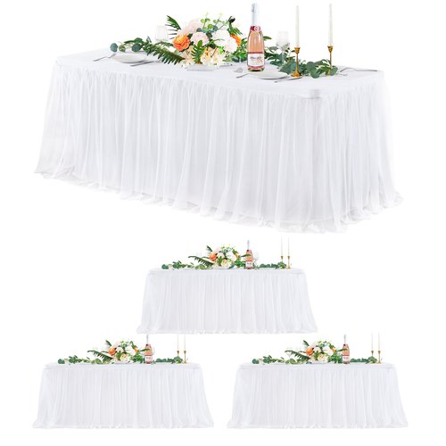 4 Pack White Tulle Tablecloths for 6 Foot Rectangular Tables, 72 x 30 Inch White Rectangle Table Cloth, Wrinkle Free Table Cover with Tutu Skirt for Wedding Birthday Party Banquet Buffet Decorations